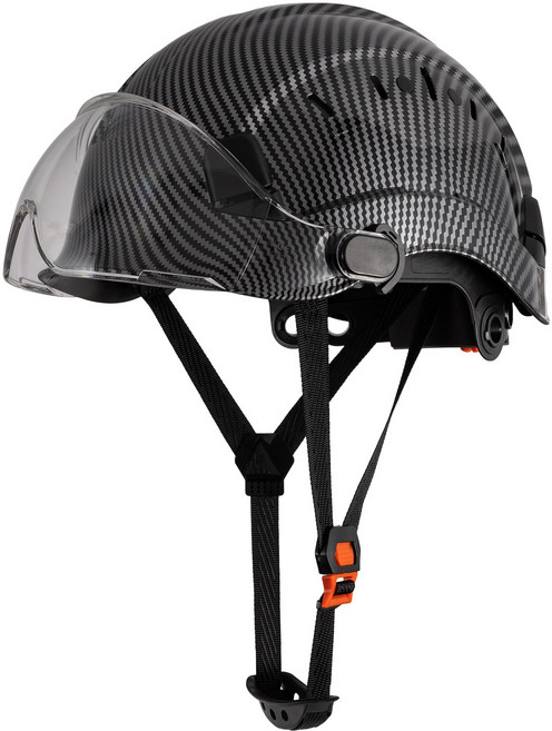 LOEBUCK 카본파이버 미국식 작업용 안전모 보호고글 일체형, 1개, 카본파이버 광택 블랙 + 투명 보호고글