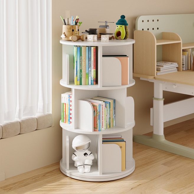 KURUA 학생 대용량 원형 책장 거실 서재 회전형 책꽂이, 흰색, 3단