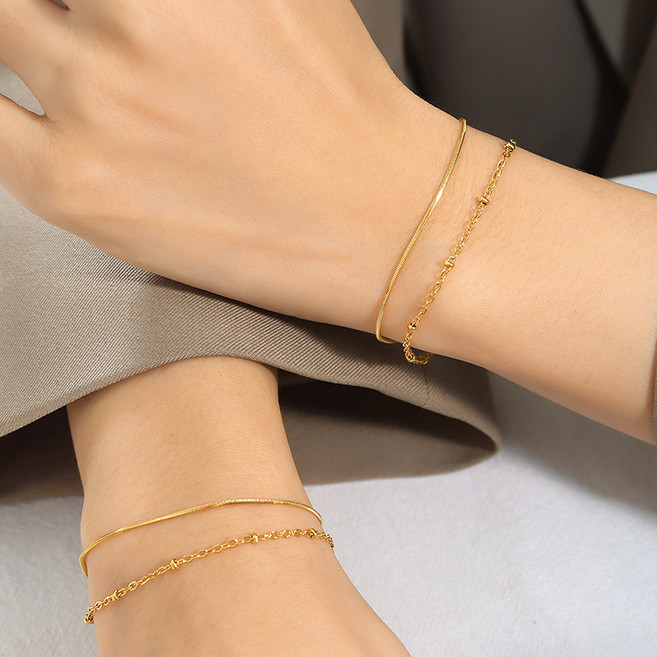 Youmi 14K 도금 더블 체인 레이어드 팔찌 여성 스타일링 포인트 SP15