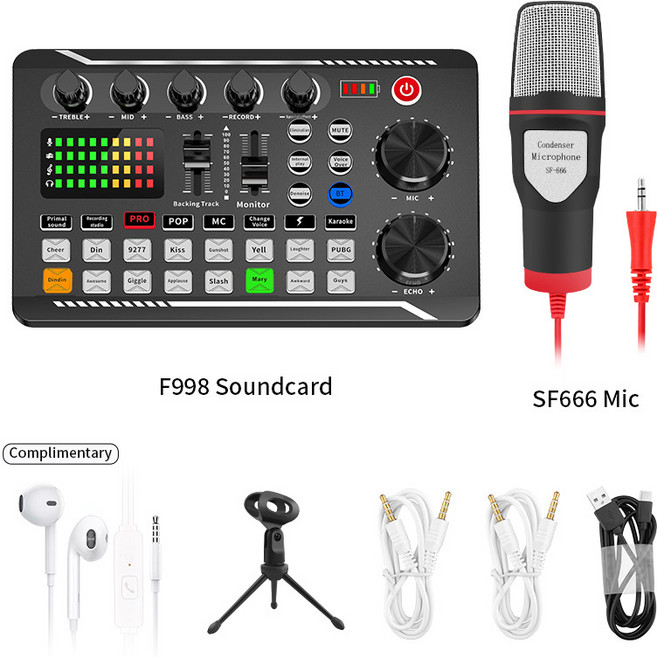 휴대용 사운드 카드 키트 스튜디오 음악 믹서 소음 감소 마이크 음성 라이브 방송 PC 레코드 F998 BM800 세트, Set B, 2) Set B
