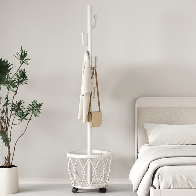 라로라 심플 스틸 튼튼한 옷 수납바스켓 스탠드행거, 화이트+바스켓