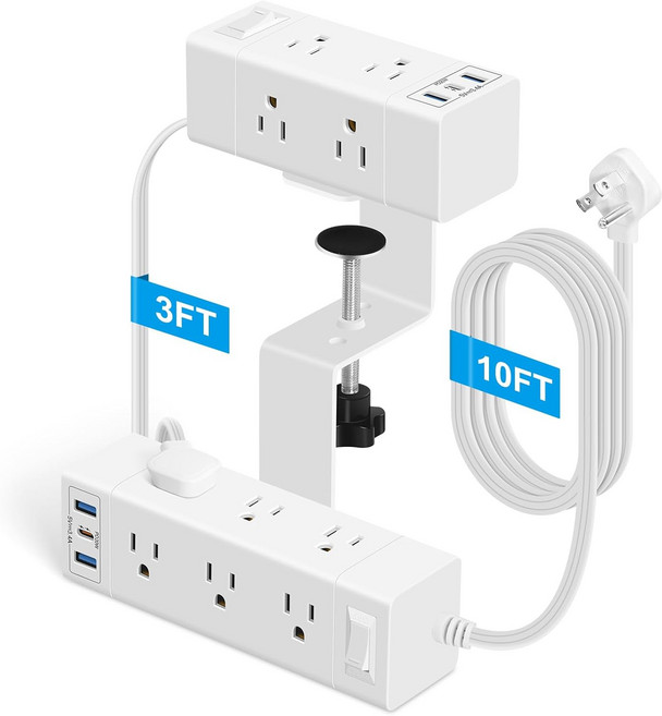 파워 스트립 데스크 클램프 콘센트 플러그 스테이션 - AC 15개 + USB 포트 6개 이중 레이어 온언더 데스크마운트 테이블 서지 프로텍터 C 데스크톱 확장 코드 2.4인치 상판, White, 2-Layer