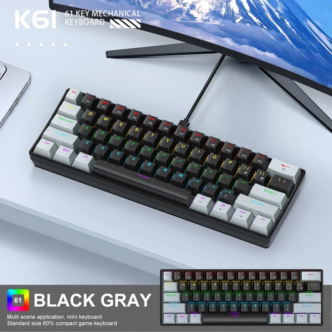 60% 휴대용 기계식 키보드 APAYADO K61 61키 유선 미니 팬텀 RGB 백라이트 레드/블루 스위치 옵션, 01 빨간색 스위치, 03 BLACK GREY, 적축