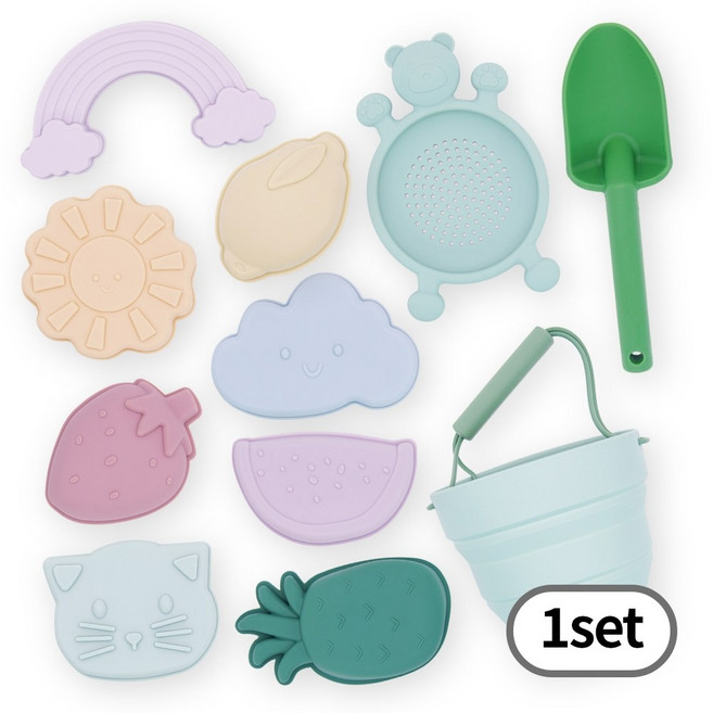 토이토 실리콘 모래놀이 11pcs 올인원 세트 접이식 소프트 샌드토이, 원형 데일리 세트, 1개