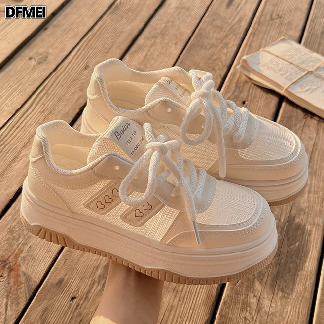 QRU 新款夏季網鞋網面小白鞋女配裙子透氣薄款休閒鞋子厚底板鞋, 10 cm, 米白色:39