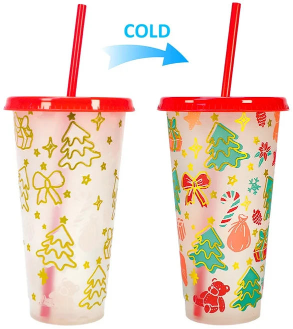 크리스마스 색상 변하는 플라스틱 빨대컵 산타 디자인 재사용 가능한 뚜껑 있는 파티용 아이스 음료 선물, 02 Mix