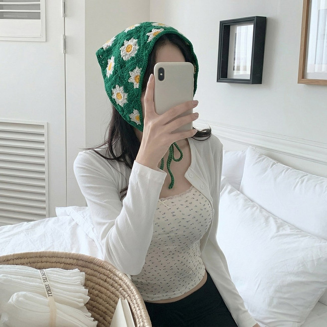 여성 뜨개 플라워 크로셰 두건 니트 보넷 헤어커치프 반다나 삼각 스카프 봄 코디
