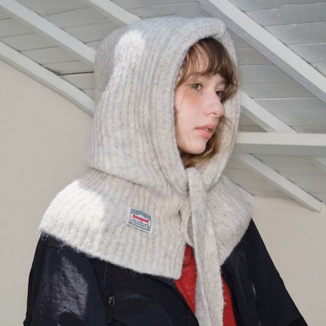 HALOPICK 빅사이즈 니트 스트링 후드 넥워머 뒷트임 바라클라바, 오트밀, 1개