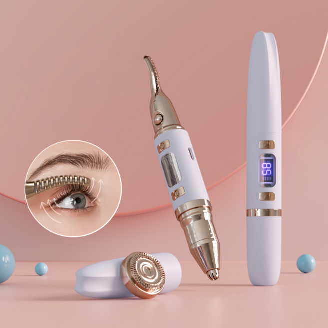 Keka 3in1 속눈썹 고데기 4단계 온도 LED 디스플레이 눈썹 다듬기/제모기 헤드 교체, 핑크