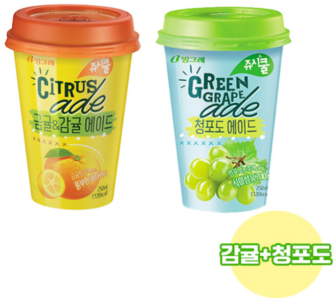 빙그레 쥬시쿨에이드 250ml 금귤감귤에이드 8개+청포도에이드 8개 /무배, 8개