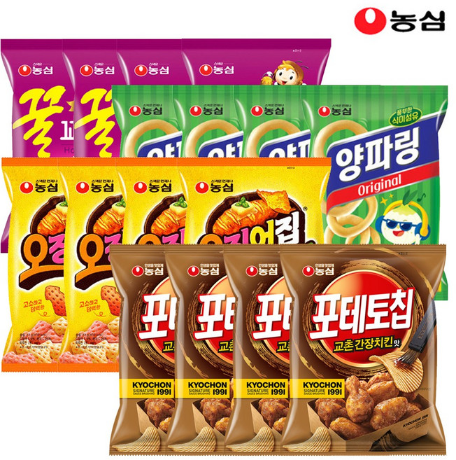 포테토칩교촌간장치킨맛4봉+오징어집4봉+양파링4봉+꿀꽈배기4봉, 19개, 55g