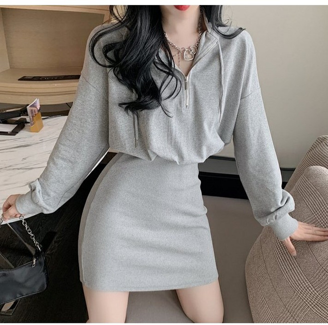 예쁨시전 여리핏 캐주얼 반집업 후드 맨투맨 미니 원피스