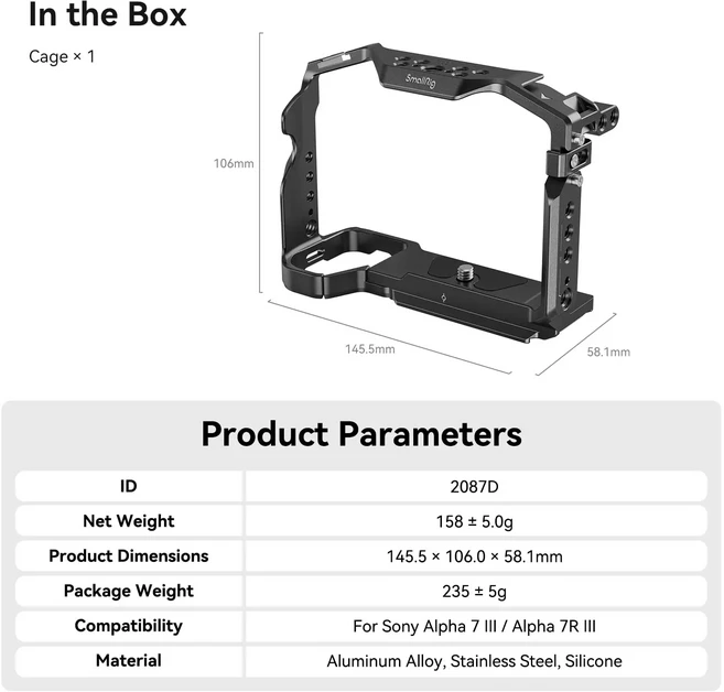 Sony A7RIII / A7M3 카메라 케이지 (ILCE-7RM3 Mark w/Shoe Mount NATO Rail 2087D, 01 빠른, 01 Cage 2087D