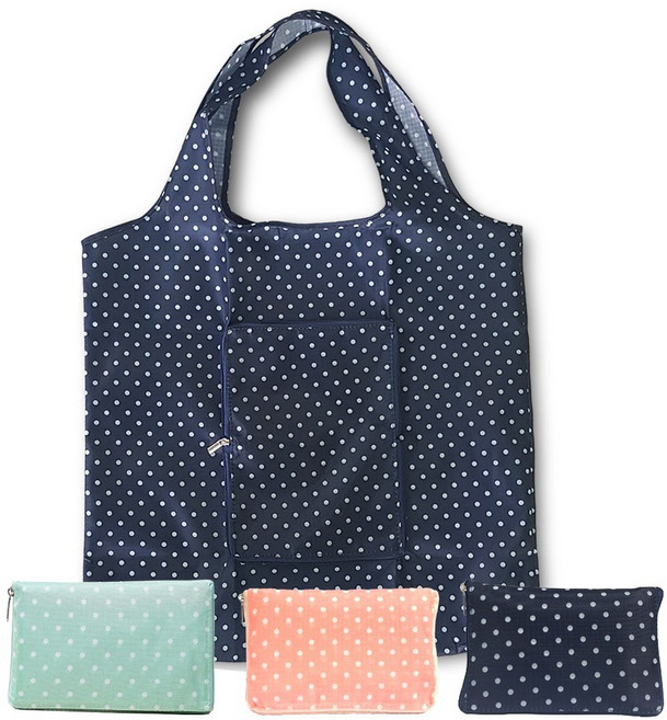 민스리빙 휴대 접이식 포켓 장바구니 에코백 시장가방, 2개, 시장가방-지퍼(도트핑크)