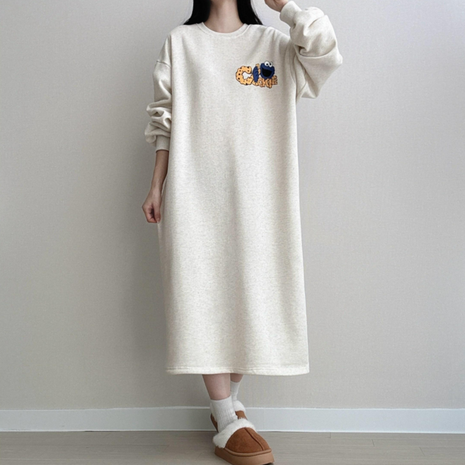 파츠 여성 기모 루즈핏 맨투맨 롱원피스