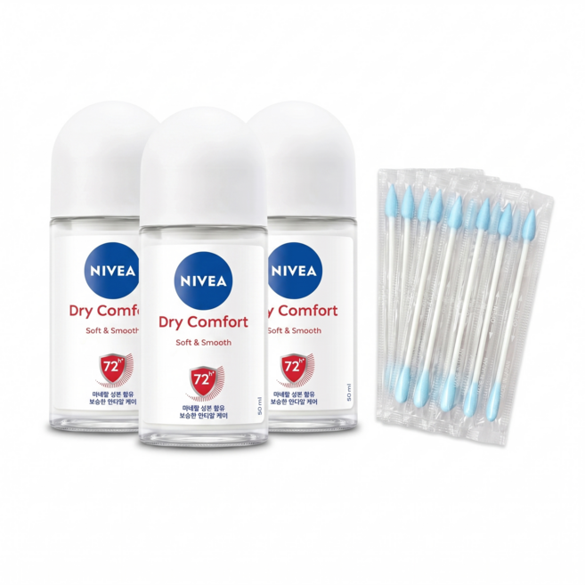 니베아 데오드란트 롤온 드라이 컴포트 50ml X 3개 + 일본제 화장용 면봉10개입 임박특가 / 땀 냄새 억제 은은한 바디 향수 데오도란트