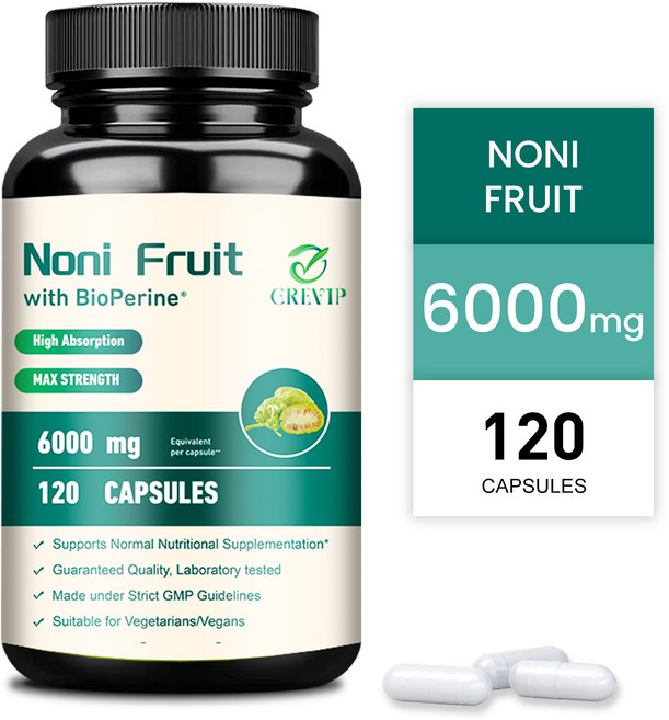 노니 과일 6000mg - 바이오페린 함유 - 항산화 체중 감량 소화 개선, 3개, 60정