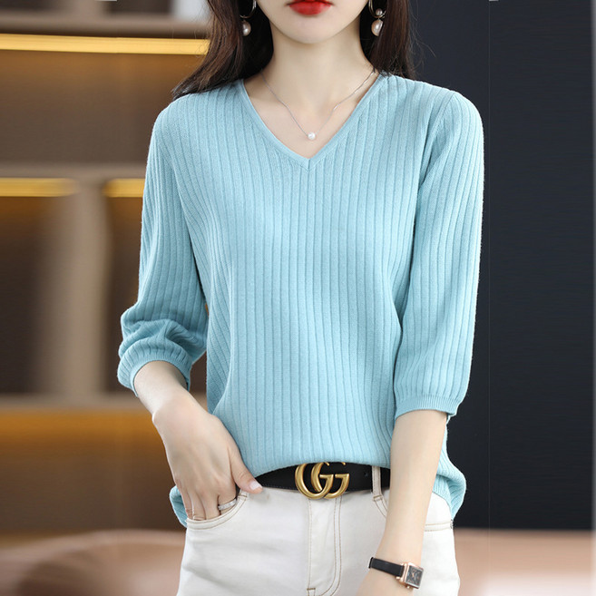 쁘띠꼬모 여성 브이넥 골지 니트티 7부소매 심플 베이직 데일리 GX5122410