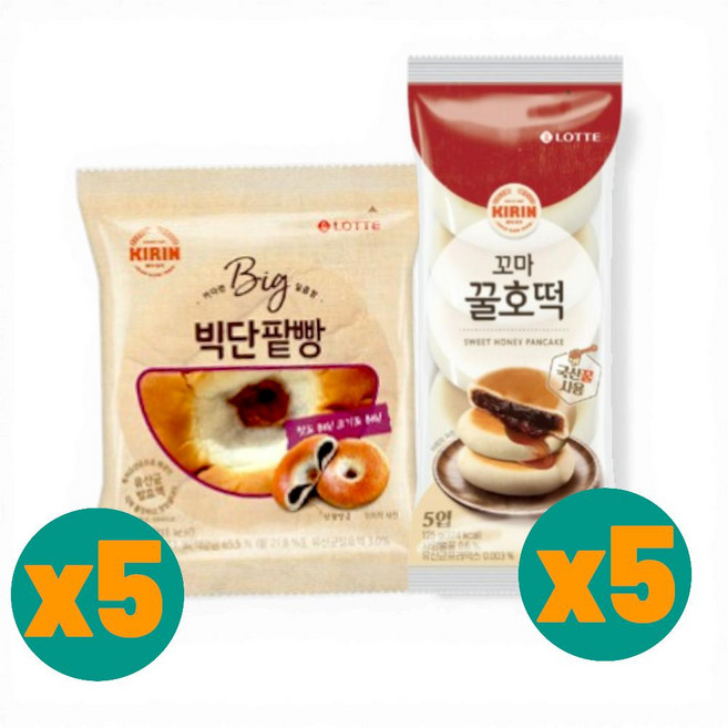 롯데 식사대용 사무실 간식 디저트 기린이네 빅 단팥빵 5봉+꼬마꿀호떡(5입) 5봉 100g 10개