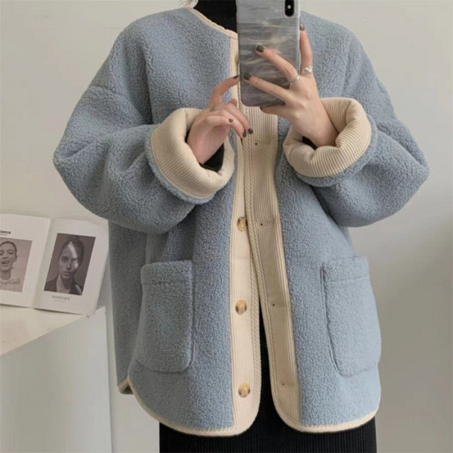 撞色復古羊羔絨外套女 冬季寬鬆加厚中長款開衫 藍色 2XL