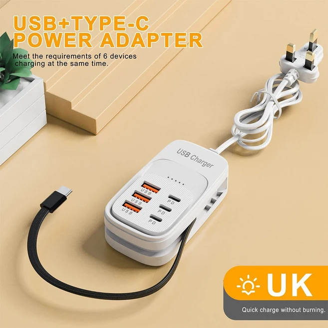 호환 고속 USB 충전기 6 in 1 멀티탭 데스크탑 충전 스테이션 고속 충전 코드 EU/UK/US 플매트 카펫 러그 U, 07 3PD3USB UK White