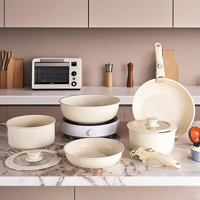 냄비 도구 식품 등급 코팅 냄비 세트 주방용 냄비 탈부착 손잡이 5피스, 1세트, 프라이팬26cm+프라이팬20cm+탕솥18cm, 크림