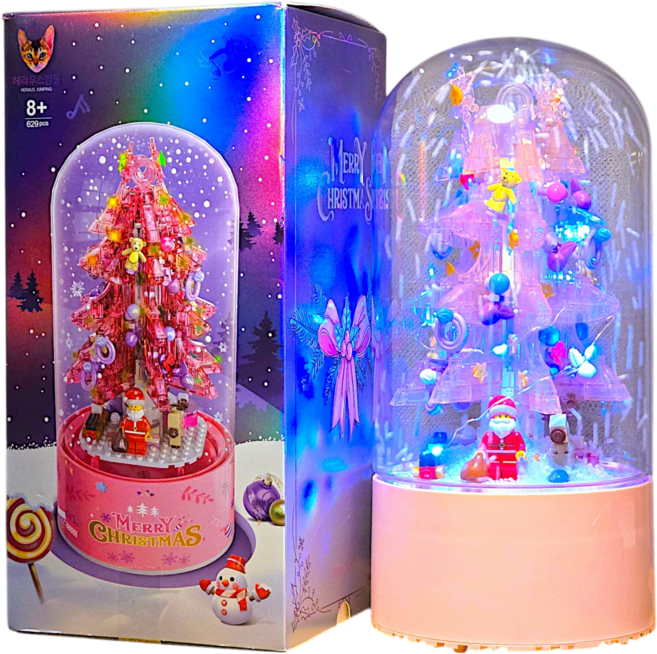 헤라우스점핑 자동 눈내림 회전하고 캐롤나오는 LED 오르골 레고 호환블록, 크리스마스 트리 핑크, 1개