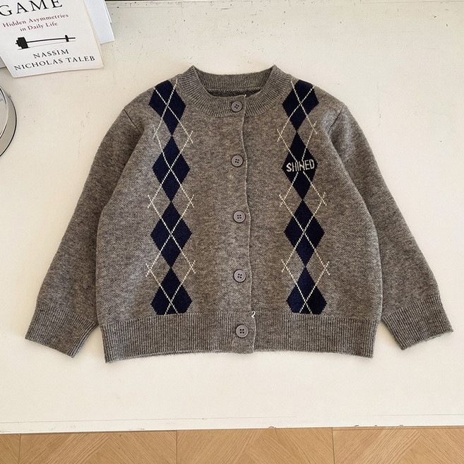 델루비오 아동 남녀공용 아가일 체크 니트 가디건 주니어 봄 가을 간절기 외투