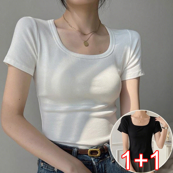 여성 기본 U넥 슬림핏 스판 심플 무지 반팔 티셔츠 1+1 슬림소녀