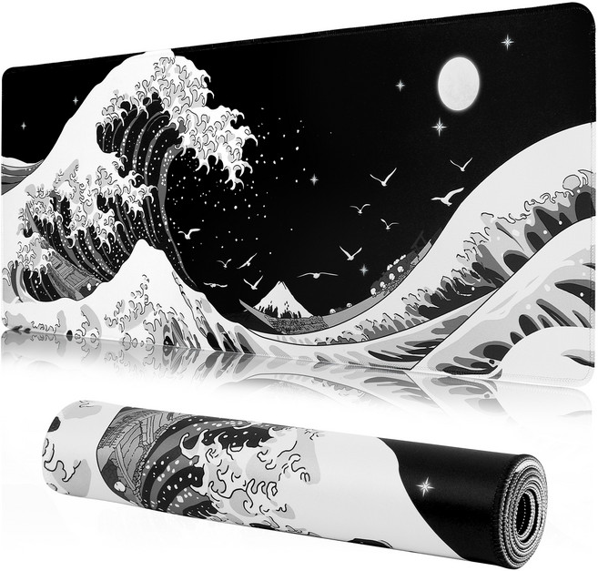 Modora 대형 방수 게이밍 마우스패드 미끄럼방지 고급 소재, 유형 2-블랙 화이트 웨 이브30*80, 1개