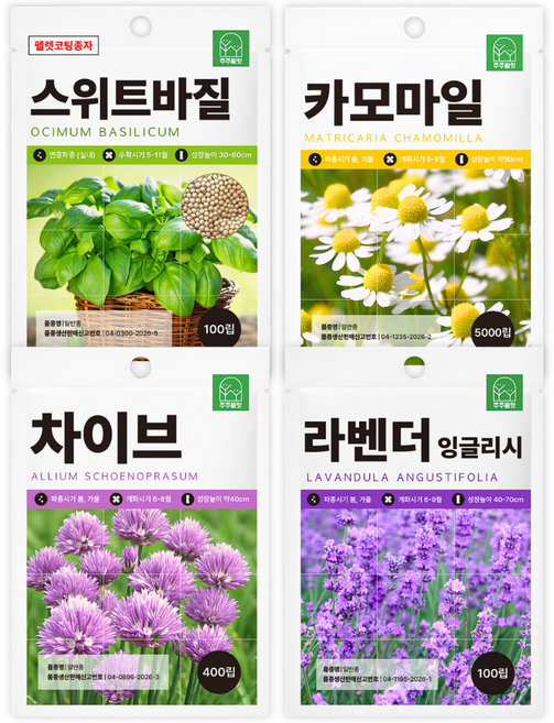 주주씨앗 허브씨앗 4종세트 스위트바질 잉글리시라벤더 카모마일 차이브 향신료 허브 종자 씨 씨앗 몰 꽃씨, 1개