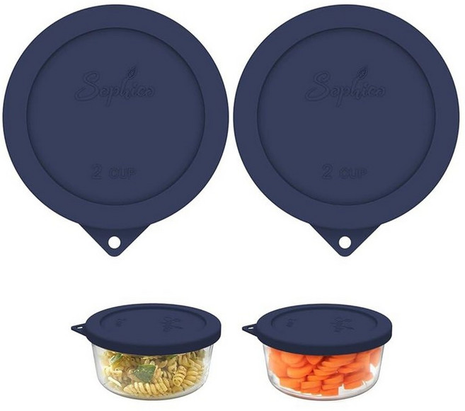 Sophico Anchor Hocking 및 Pyrex 7200피스 유리 그릇용 2컵 원형 실리콘 보관 커버 뚜껑 교체용(용기 미포함) | 네이비 블루 2팩 |, 네이비 블루-2팩