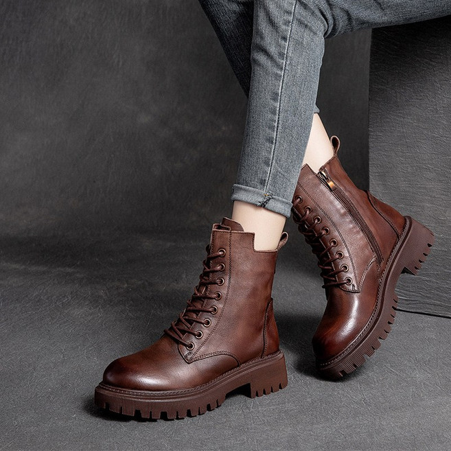 Asure 여자 데일리 빈티지 키높이 워커 가죽 부츠