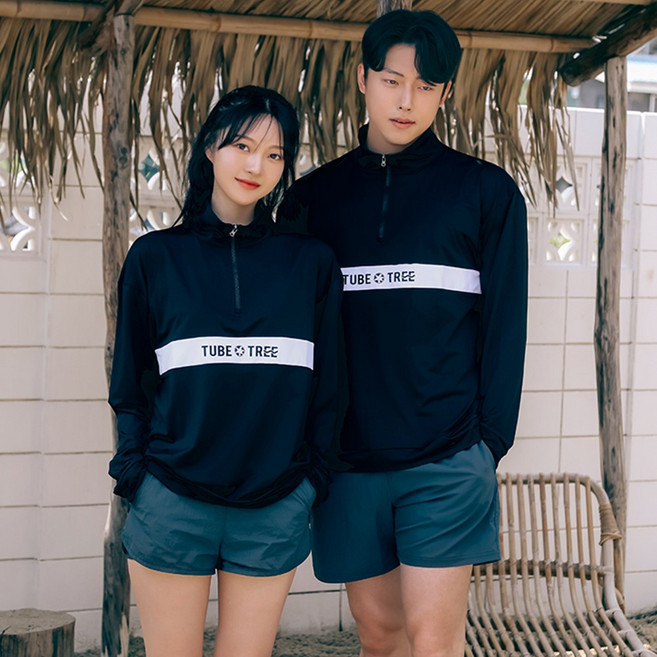 [비치팜]라인 커플 반집업 래쉬가드 상의 남여공용 비치웨어, XXL, L, 딥포레스트