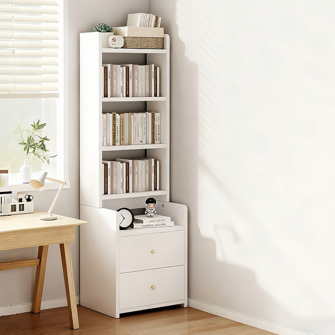 대용량 일체형 책장 다층 수납장 코너 책장, 5단, 화이트