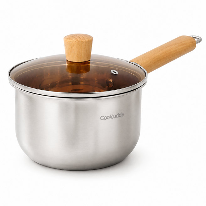 CookBuddy 우드듀오 라운드바디 스텐 편수냄비 논스틱 내면 유리뚜껑 포함 인덕션 겸용, 1개, 은색, 18cm