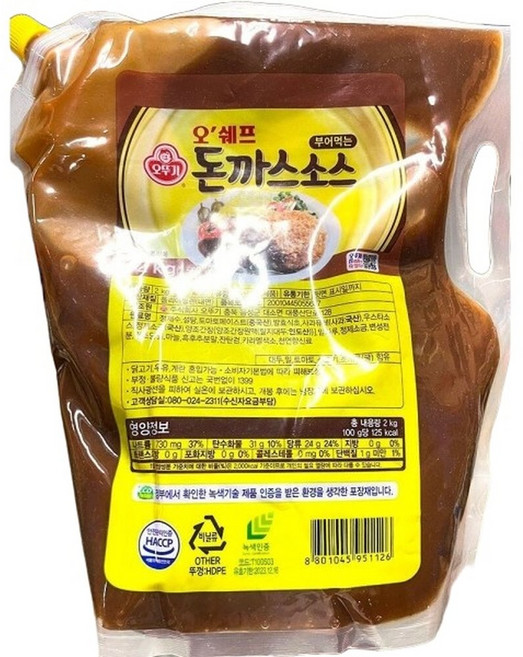 오뚜기 부어먹는 돈까스 소스 스파우트팩 2kg/돈가스/쏘스/경양식/생선/까스/치킨/옛날식/맛있는/대량/학생, 2kg, 1개