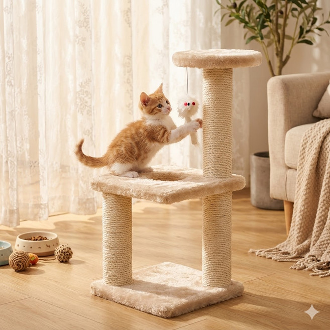 스타일닥터 고양이 미니 소형 캣타워 다기능 일체형 튼튼한 캣타워, 1개, 쌀 노란색