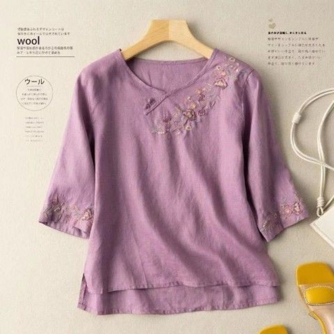 中國風盤扣刺繡棉麻襯衫 藝文復古七分袖上衣