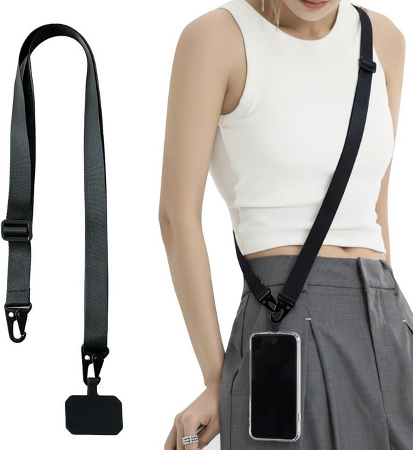 다람앤토리 도난방지 튼튼한 크로스 핸드폰 스트랩 목걸이줄, 1개, 블랙