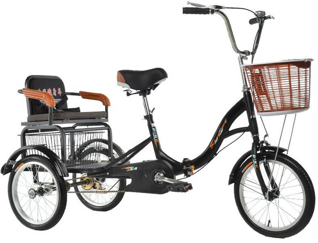 성인 세발자전거 2인용 20인치 편한라이딩 노인용 시장바구니, C. 16인치 검정색 단일체인, 1개