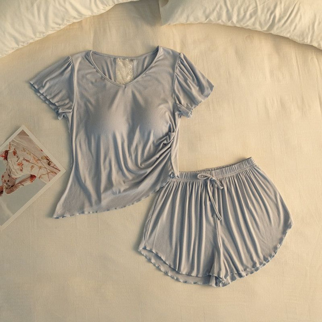 莫代爾棉帶胸墊睡衣女夏季短袖後背蕾絲家居服套裝