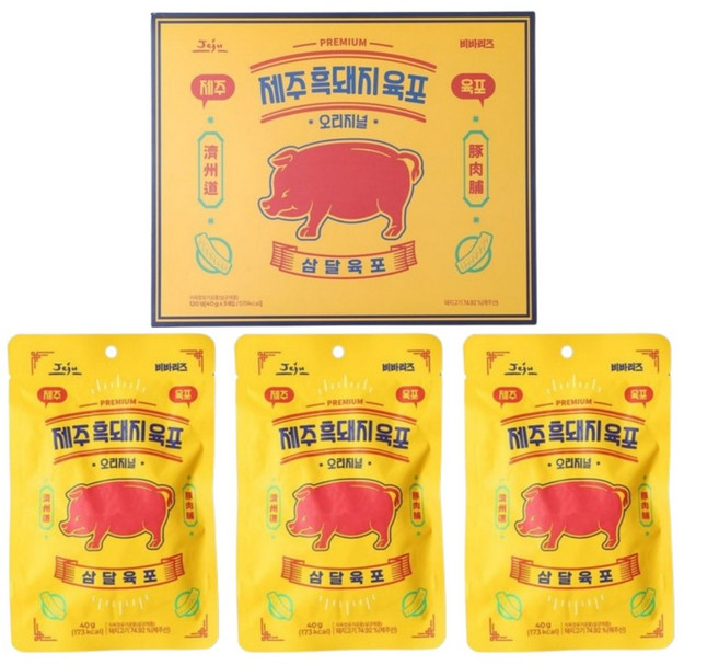 삼달 제주 흑돼지 육포 안주 간식 명절 추석선물 120G, 3개, 40g