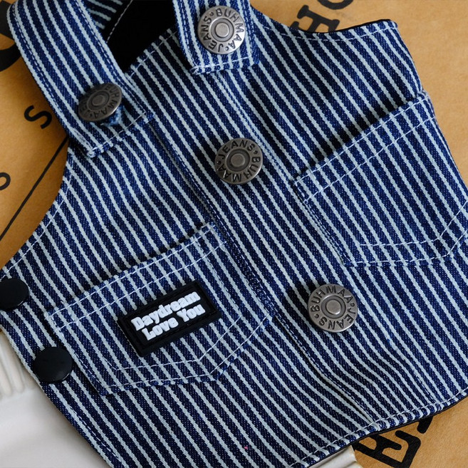 포아틀리에 블루 스트라이프 데님 강아지 멜빵 스커트 귀여운 펫 오버올, 1개, 진한 파란색 줄무늬