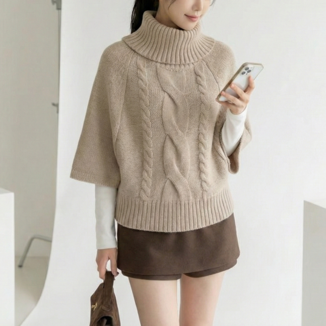 [유미르] 여리여리 프렌치 여성 하이넥 터틀 케이프 니트