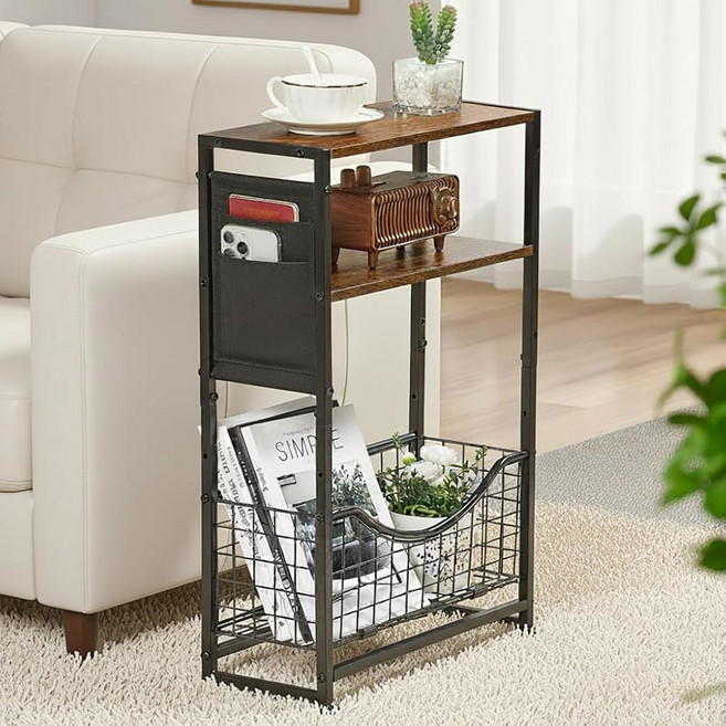 ZEXVIDA 좁은 사이드 테이블 잡지 홀더가 있는 스키니 스몰 엔드 작은 공간을 위한 3티어 소파 거실 침실 사무실을 테이블 침대, 러스틱 브라운