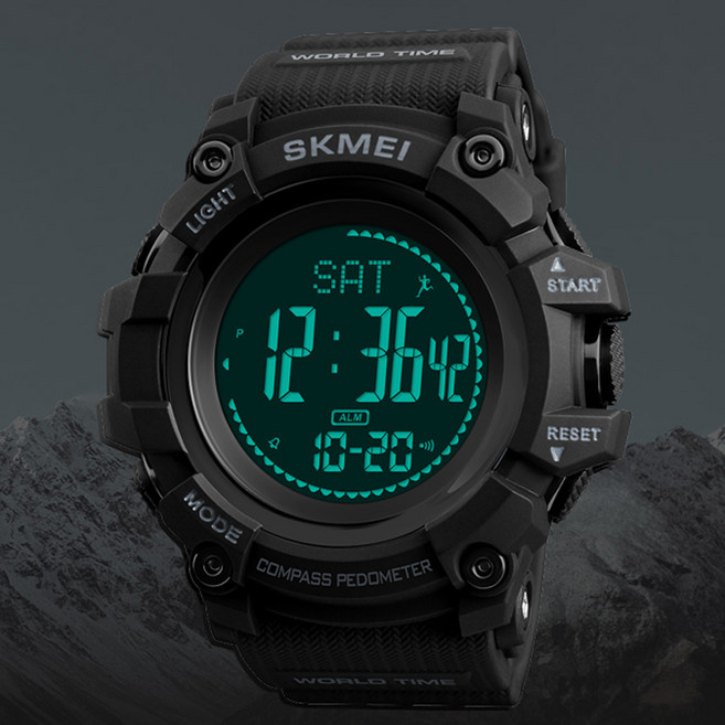 SKM 만보기 전자식 나침반 DATA 월드타임 멀티펑션 다기능 전자 손목시계