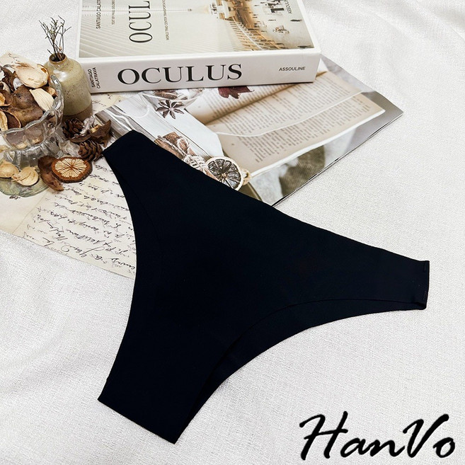 HanVo 無痕冰絲丁字褲 歐美性感比基尼三角褲 中腰女生內褲, 午夜黑,L