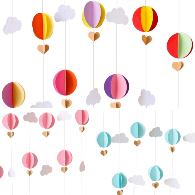 미니 입체 열기구 하트 구름 모빌 가랜드 3m 3줄세트(3가지색상) 봄 여름 가을 천장장식 환경구성