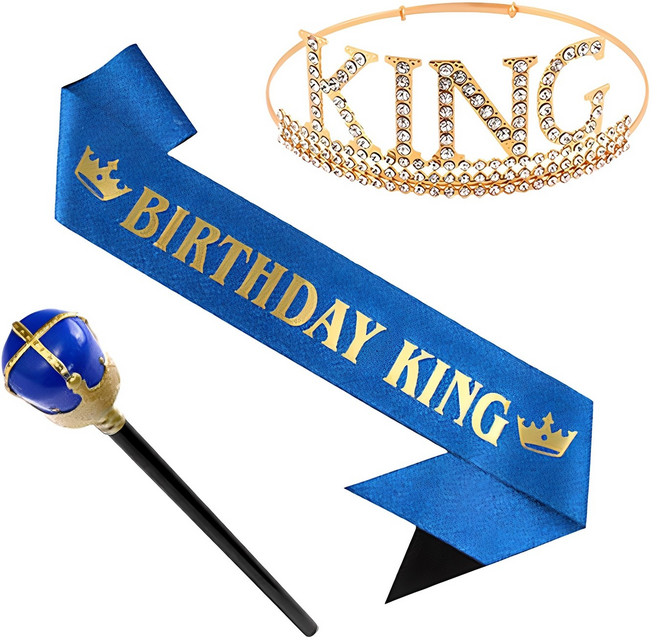 투데이리빙 3종 세트 남자 생일 파티 왕관 패키지 왕자 소품 크라운 머리띠 어깨띠 지팡이 축하 용품, S99002L, 1세트, 블루+골드